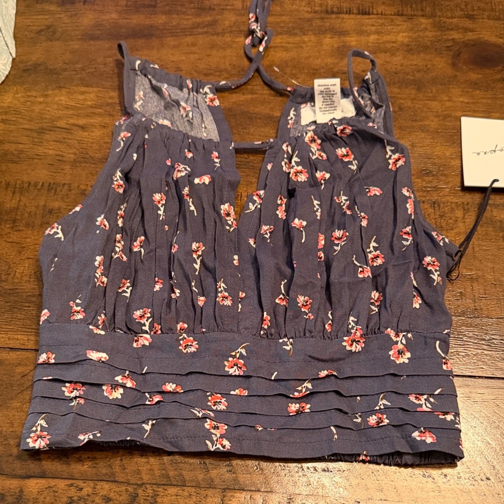 Japna Charcoal Floral Pleated Crop Top